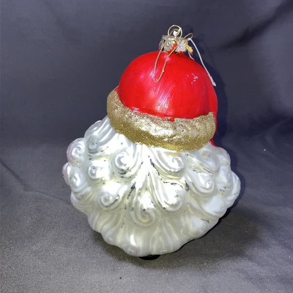 1 - Vintage Santa Head Ornament / Hand Blown Glass / Mercury / Glitter / Flaws - Picture 4 of 13